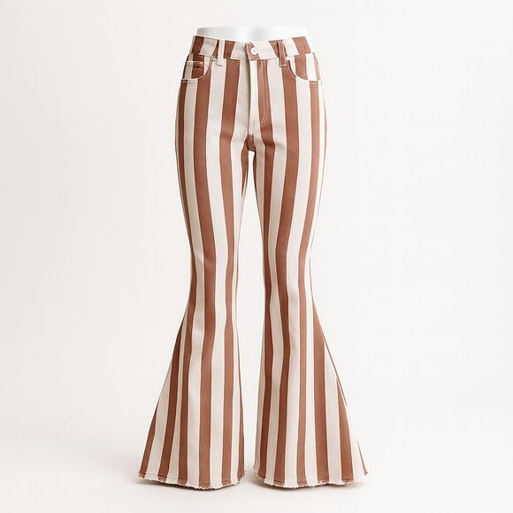 Bestto Denim - Bestto Women’s Pants S Brown White Stripe Flare Bell Bottom 70s Retro Y2K Style